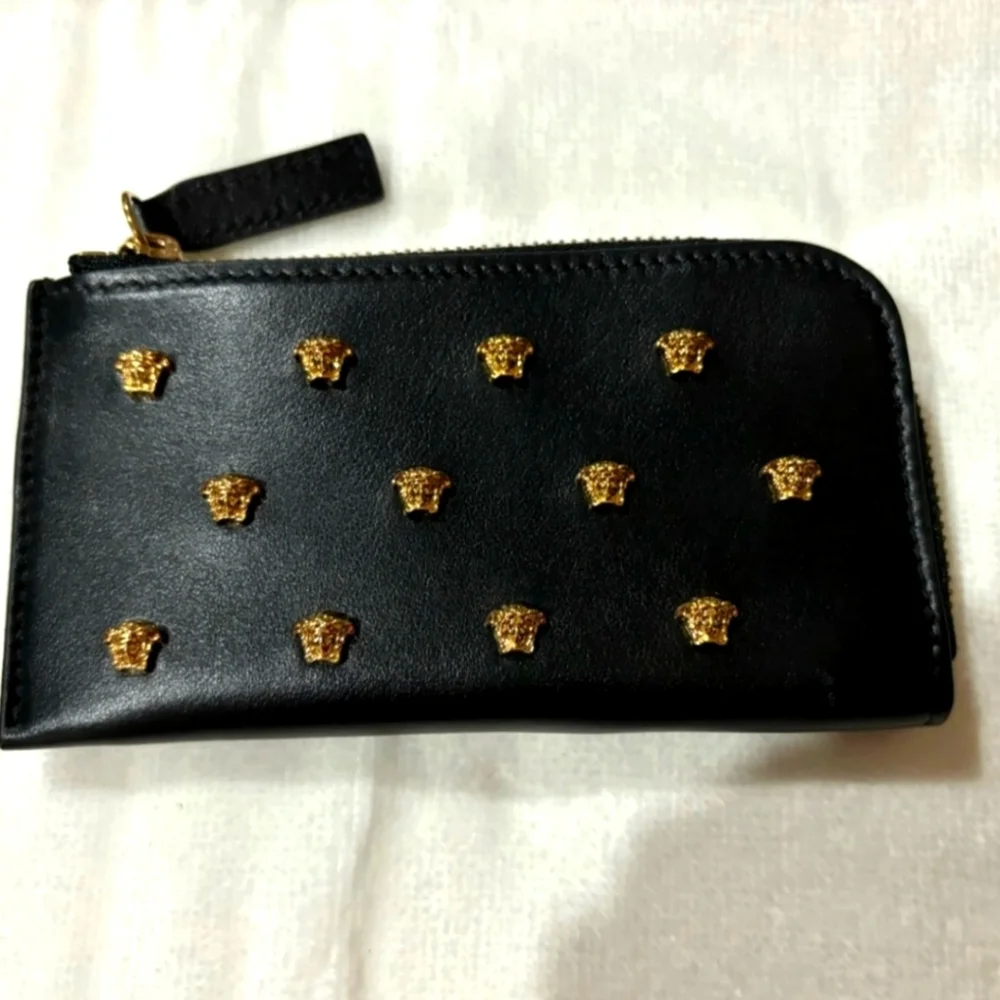VERSACE Black All Over Medusa Stud Zip Card Holder Wallet